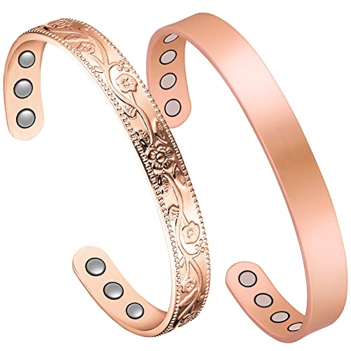 Jecanori 2Pcs Magnetic Lymph Detox Copper Bracelets for Women,Magnetic Lymphatic Drainage Bracelets 100% Copper Cuff Bangle Wristband Brazaletes with 3500 Gauss Magnet Jewelry Gifts