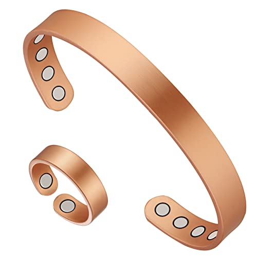 Jecanori Pure Copper Bracelet and Copper Ring for Women Men,Vintage Flower Wristband Brazaletes