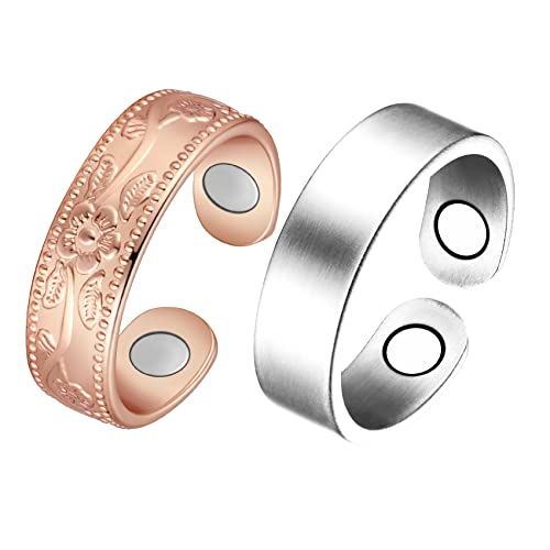 Jecanori 2PCS Copper Rings for Women Men,Adjustable Magnetic Copper Ring,Christmas Jewelry Gift with Ring Box, Ring(Vintage Flower|Uncoated Sleek)