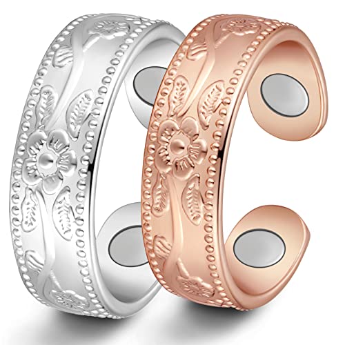 Jecanori 2PCS Copper Rings for Women Men,Adjustable Magnetic Copper Ring,Christmas Jewelry Gift with Ring Box, Ring(Vintage Flower|Uncoated Sleek)