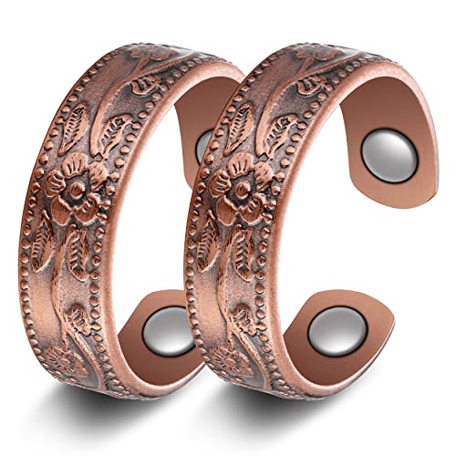 Jecanori 2PCS Copper Rings for Women Men,Adjustable Magnetic Copper Ring,Christmas Jewelry Gift with Ring Box, Ring(Vintage Flower|Uncoated Sleek)