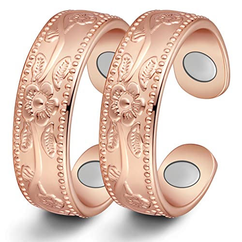 Jecanori 2PCS Copper Rings for Women Men,Adjustable Magnetic Copper Ring,Christmas Jewelry Gift with Ring Box, Ring(Vintage Flower|Uncoated Sleek)