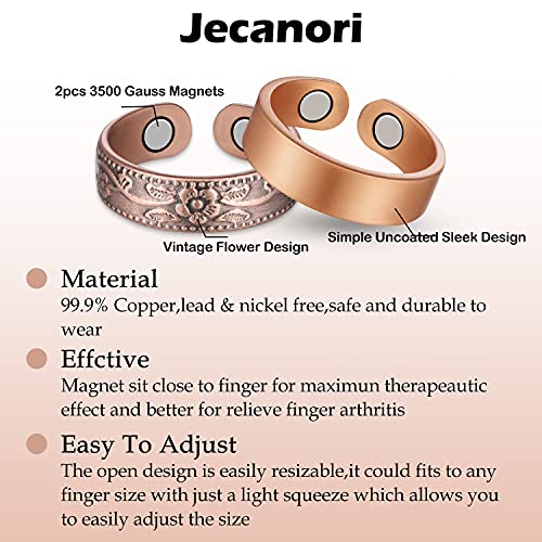 Jecanori 2PCS Copper Rings for Women Men,Adjustable Magnetic Copper Ring,Christmas Jewelry Gift with Ring Box, Ring(Vintage Flower|Uncoated Sleek)