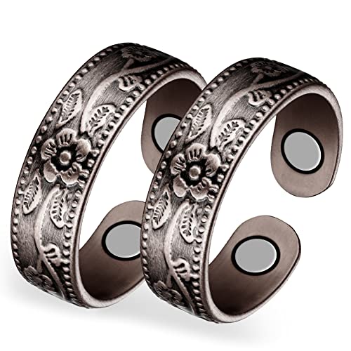 Jecanori 2PCS Copper Rings for Women Men,Adjustable Magnetic Copper Ring,Christmas Jewelry Gift with Ring Box, Ring(Vintage Flower|Uncoated Sleek)